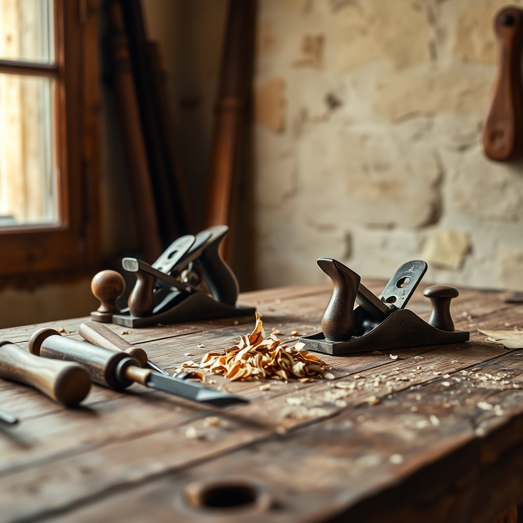 Outils d'artisan sur établi en chêne, DEB AZUR à Nice